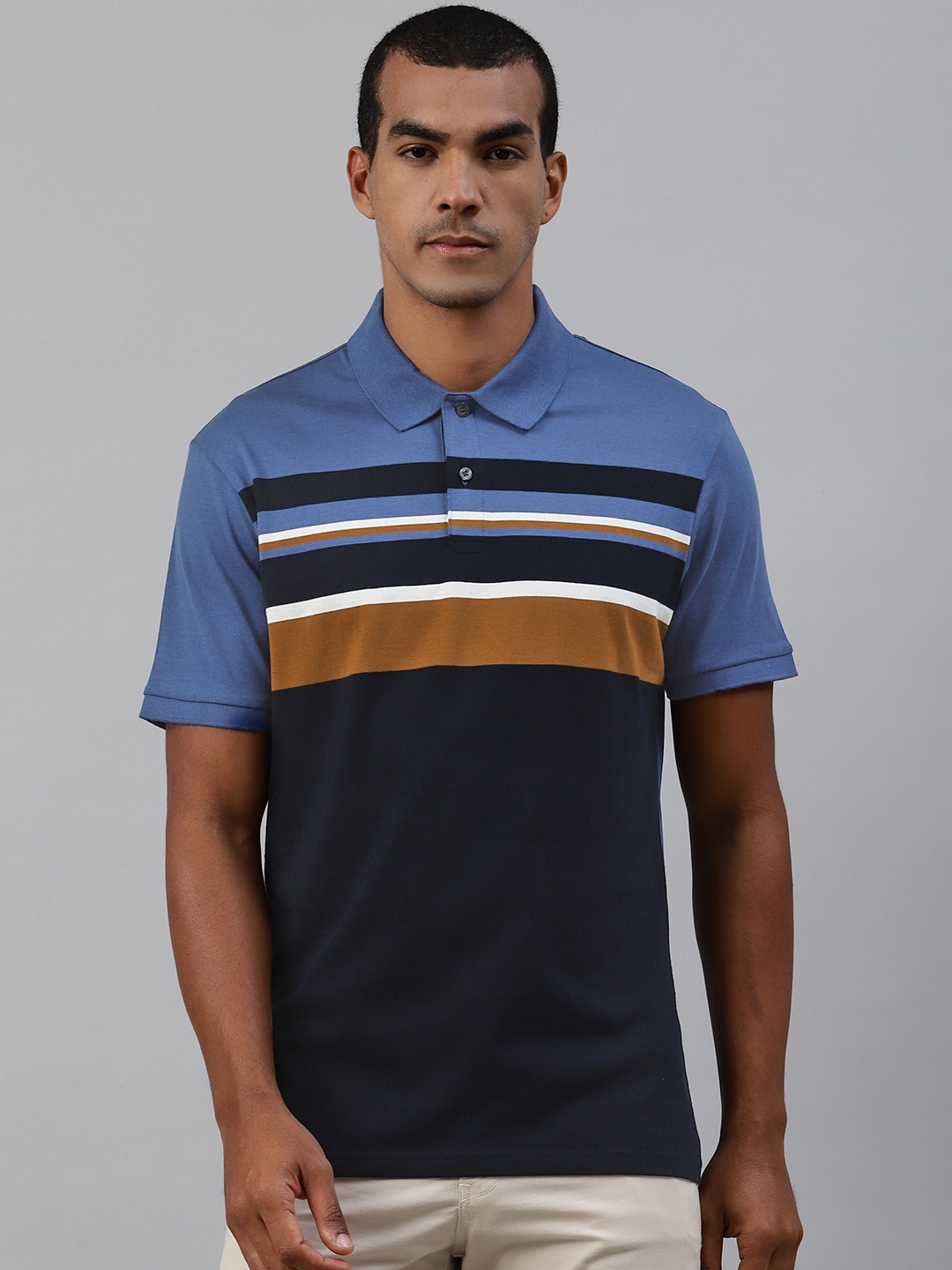 

Marks Spencer Men Navy Blue Brown Striped Pure Cotton Polo Collar Pure Cotton T-shirt