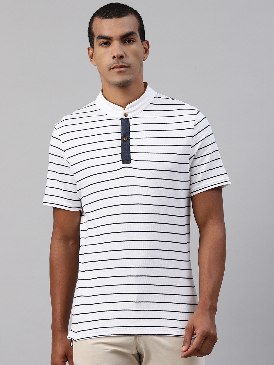 

Marks Spencer Men White Navy Blue Striped Mandarin Collar Pure Cotton T-shirt