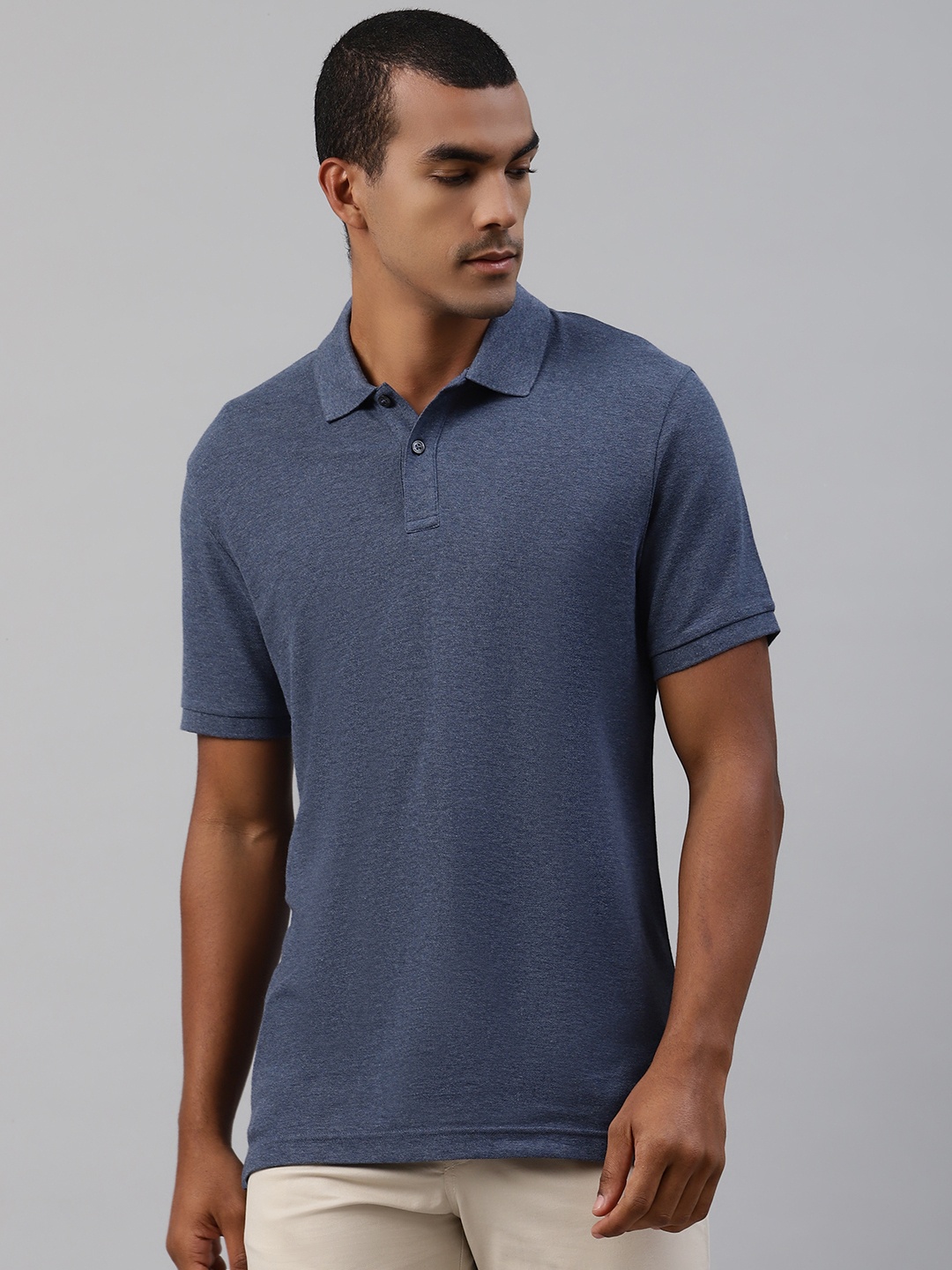 

Marks Spencer Men Blue Solid Polo Collar Pure Cotton T-shirt with Melange Effect