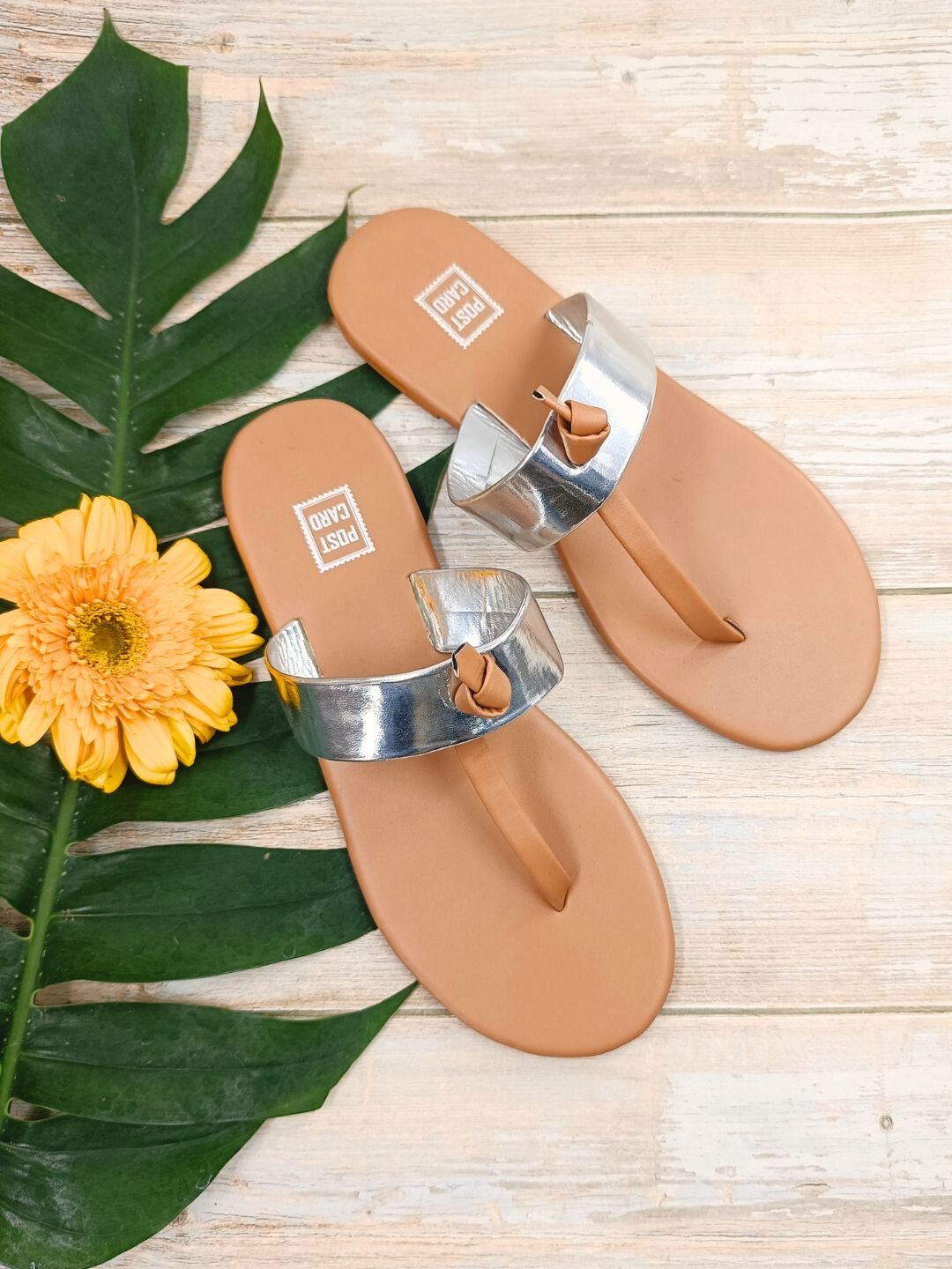 

POSTCARD Women Tan Brown & Silver Colourblocked T-Strap Flats