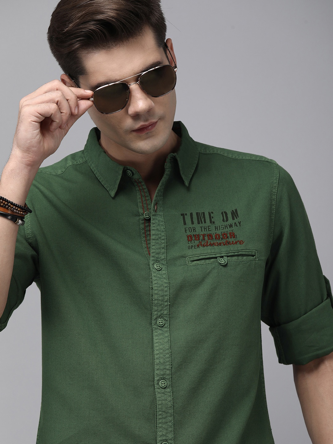 

The Roadster Lifestyle Co Men Green Printed Casual Shirt