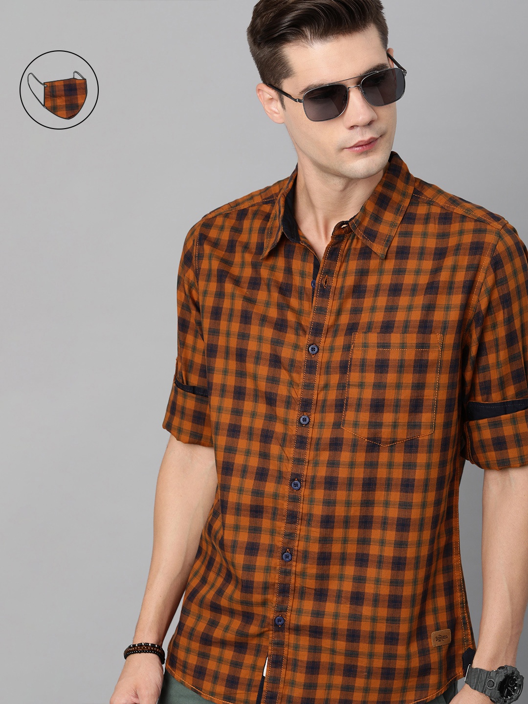 

The Roadster Lifestyle Co Men Rust Orange & Black Tartan Checks Checked Casual Shirt with Mask