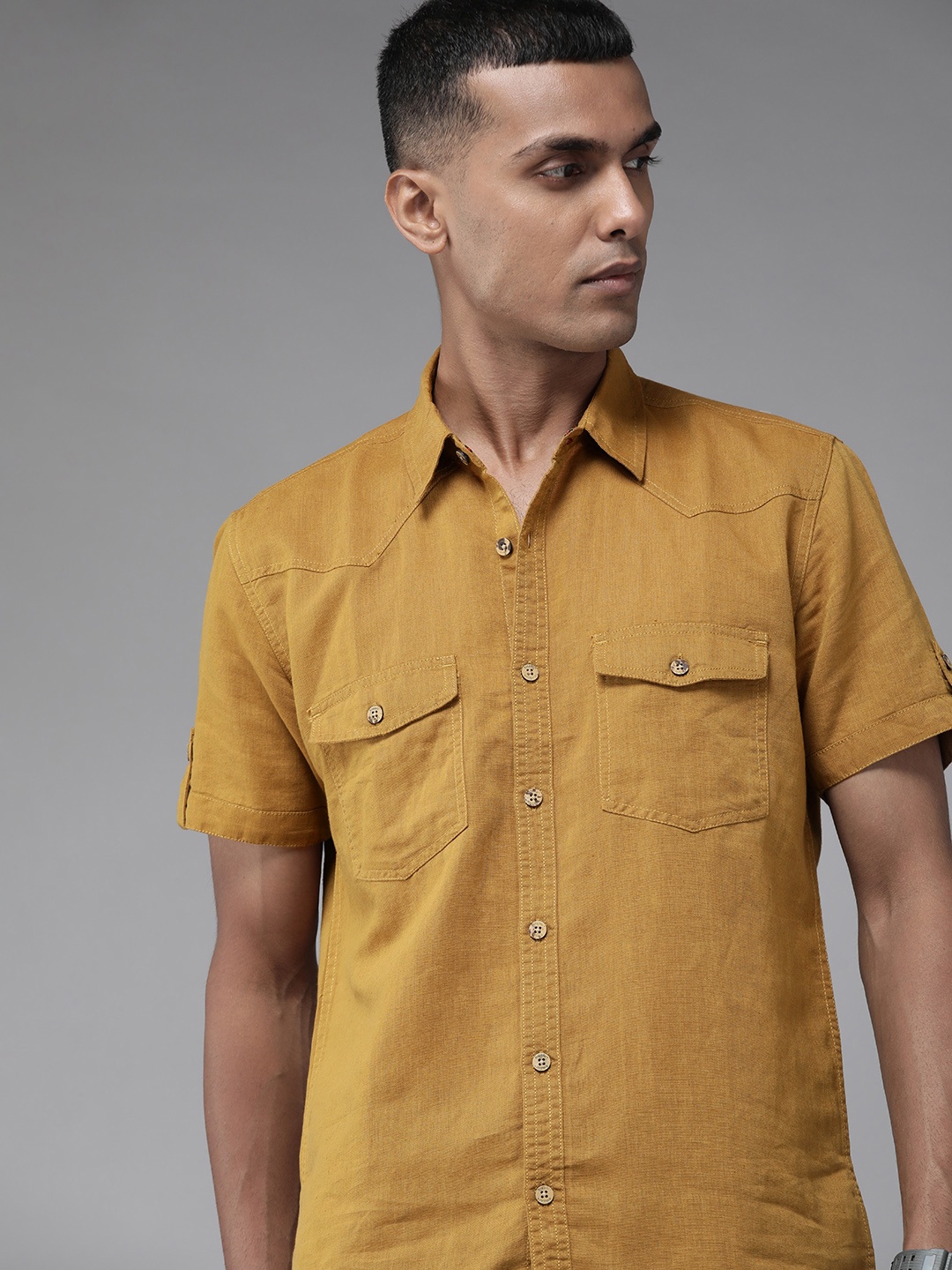 

Roadster Men Mustard Brown Linen Cotton Solid Casual Shirt