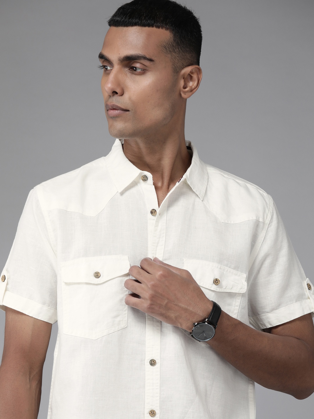 

Roadster Men White Linen Cotton Solid Sustainable Casual Shirt
