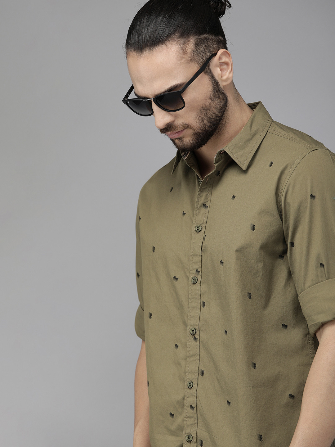 

The Roadster Lifestyle Co Men Olive Brown Printed Casual Shirt