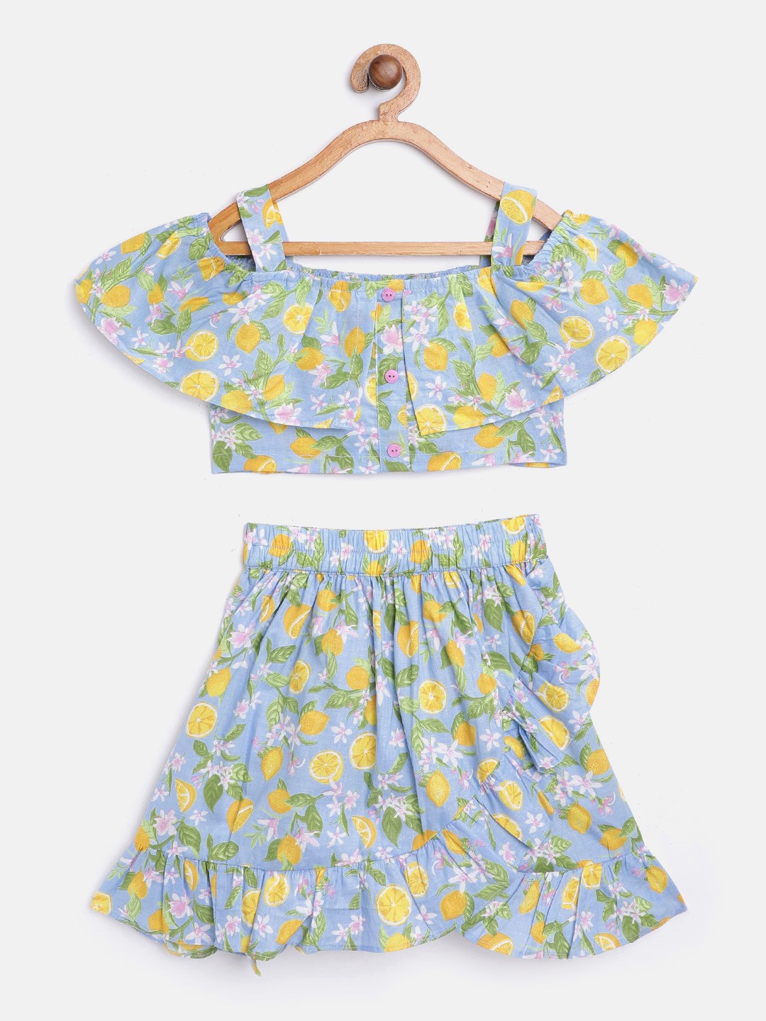 

pspeaches Girls Blue & Yellow Lemon Print Pure Cotton Crop Top with Layered Skirt