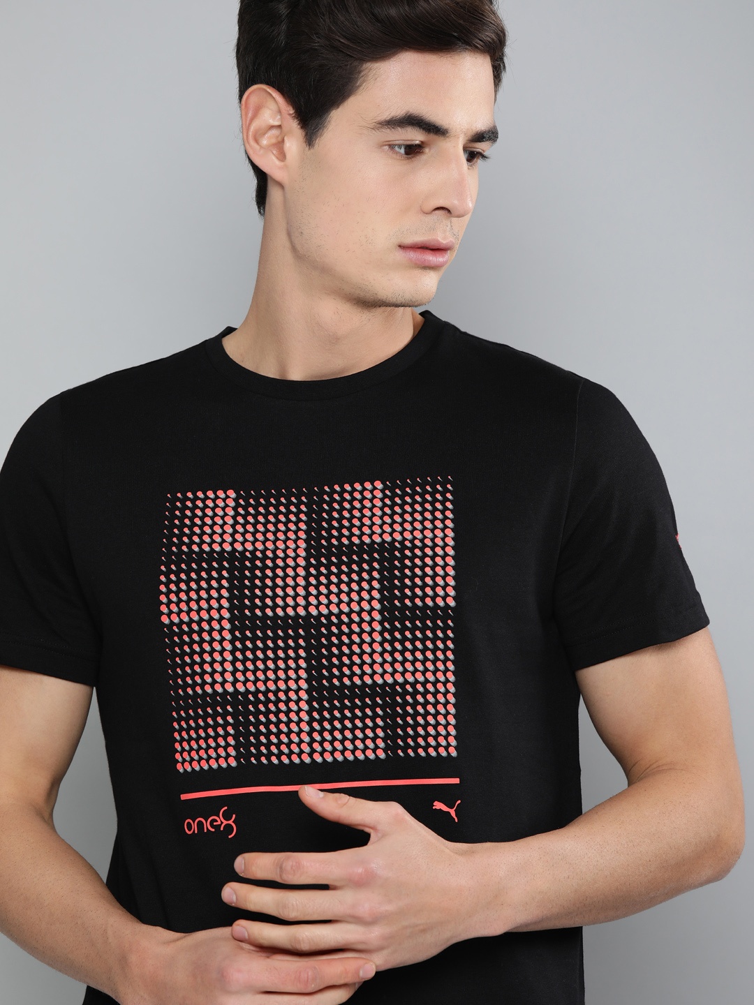 

one8 x PUMA Men Black Self Design VK Graphic Round Neck Pure Cotton T-shirt
