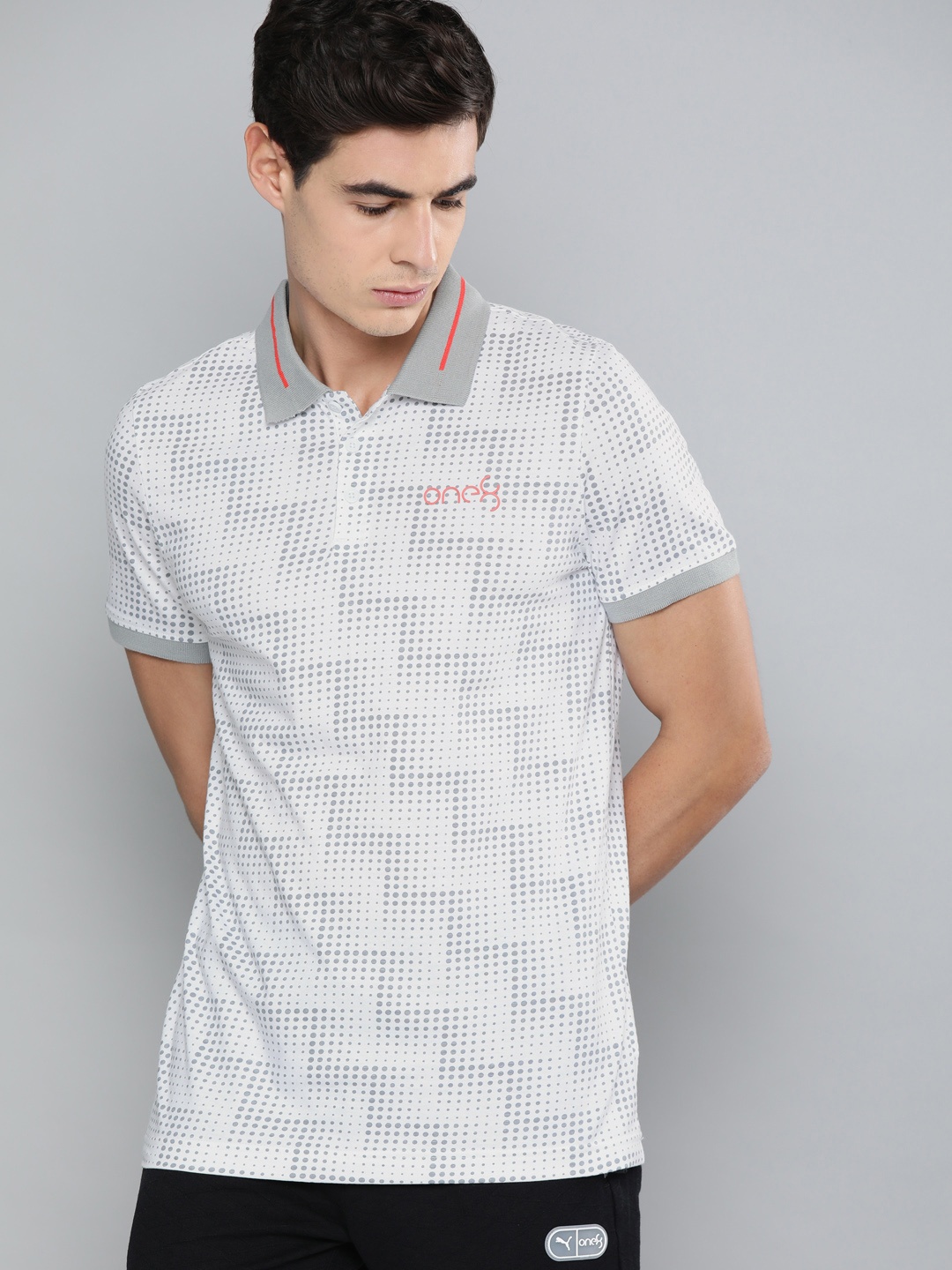 

one8 x PUMA Men White Grey Printed VK AOP Polo Collar Pure Cotton T-shirt