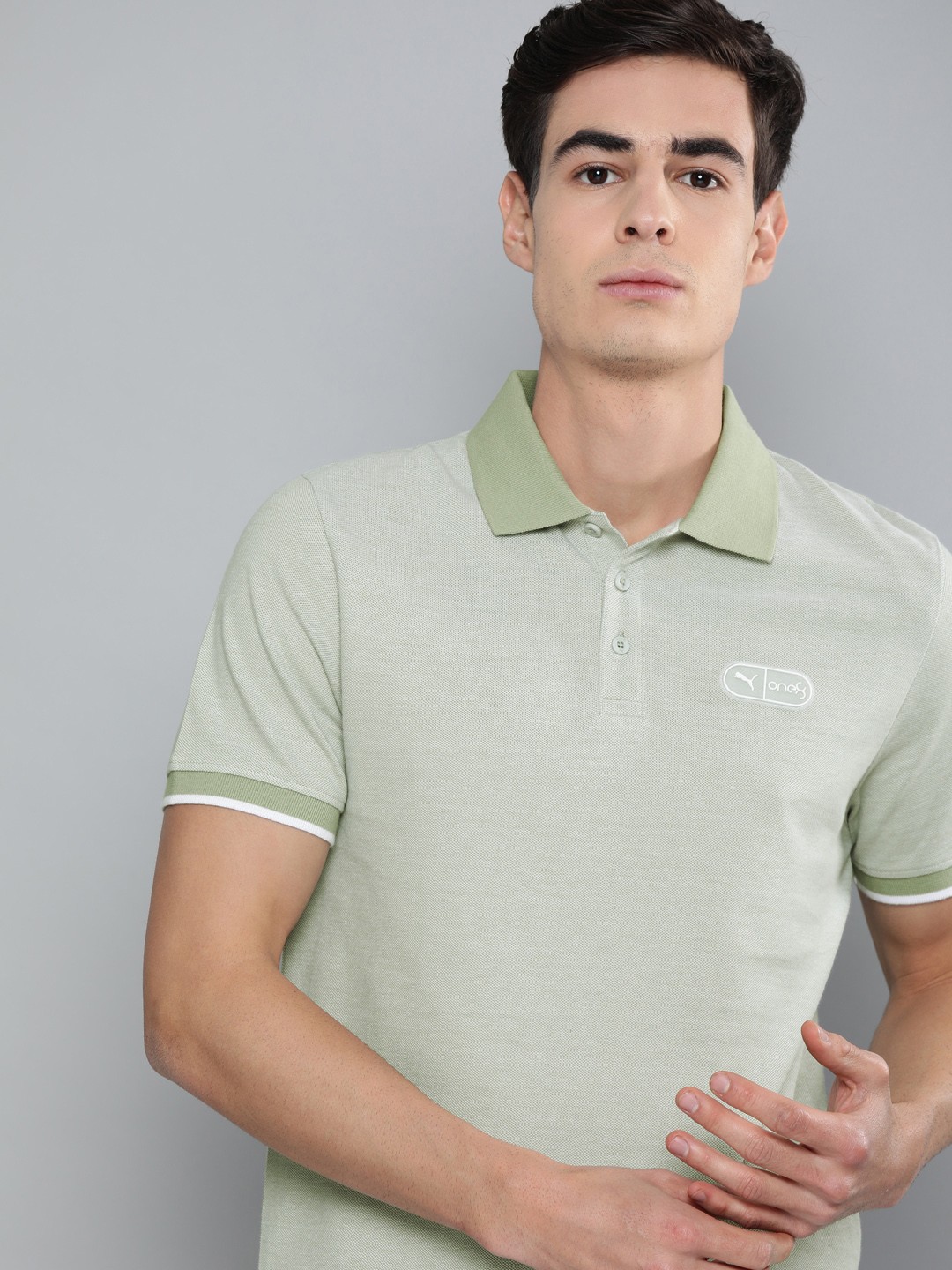 

one8 x PUMA Men Sea Green Solid VK Jacquard Polo Collar Pure Cotton T-shirt