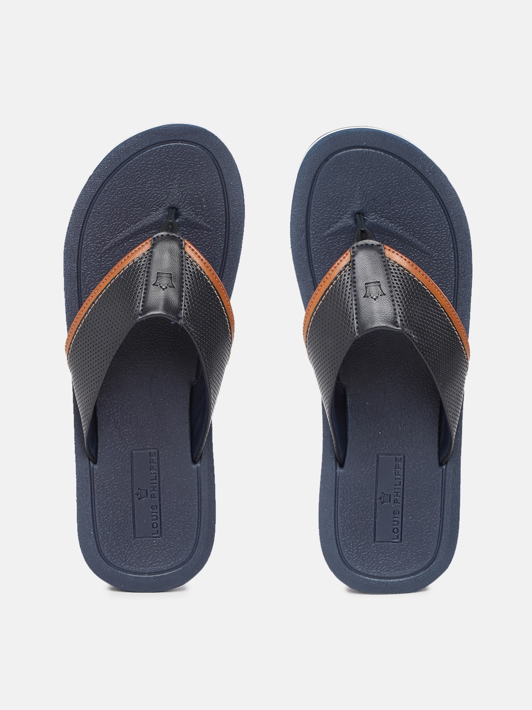 

Louis Philippe Men Navy Blue & Tan Brown Perforated Thong Flip-Flops