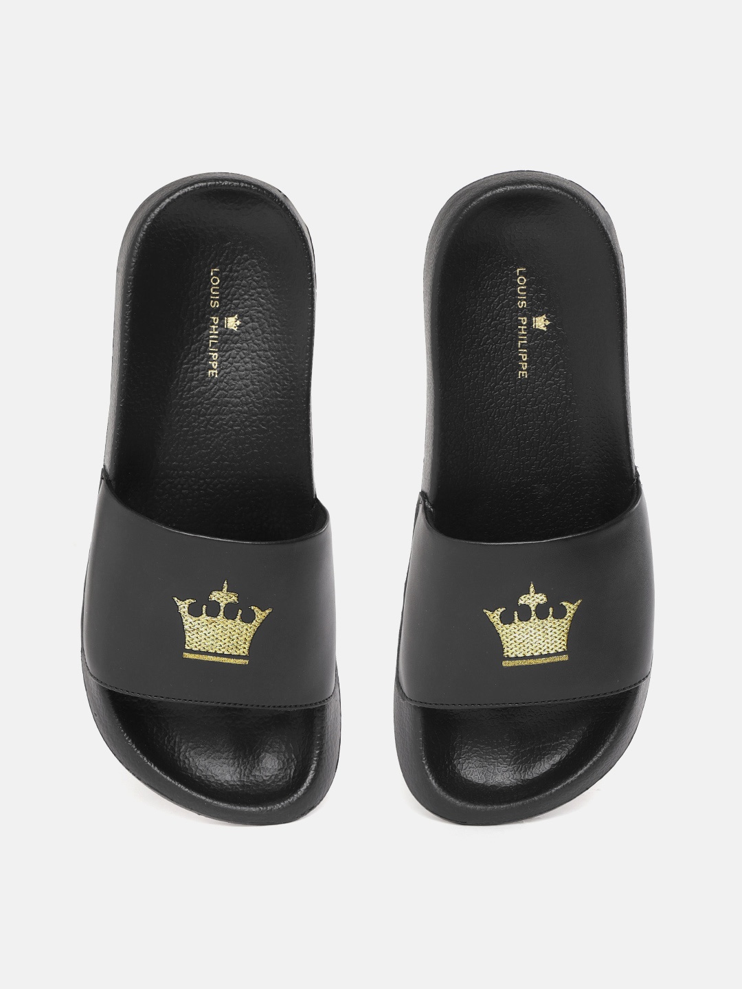 

Louis Philippe Men Black & Gold-Toned Brand Logo Pattern Sliders