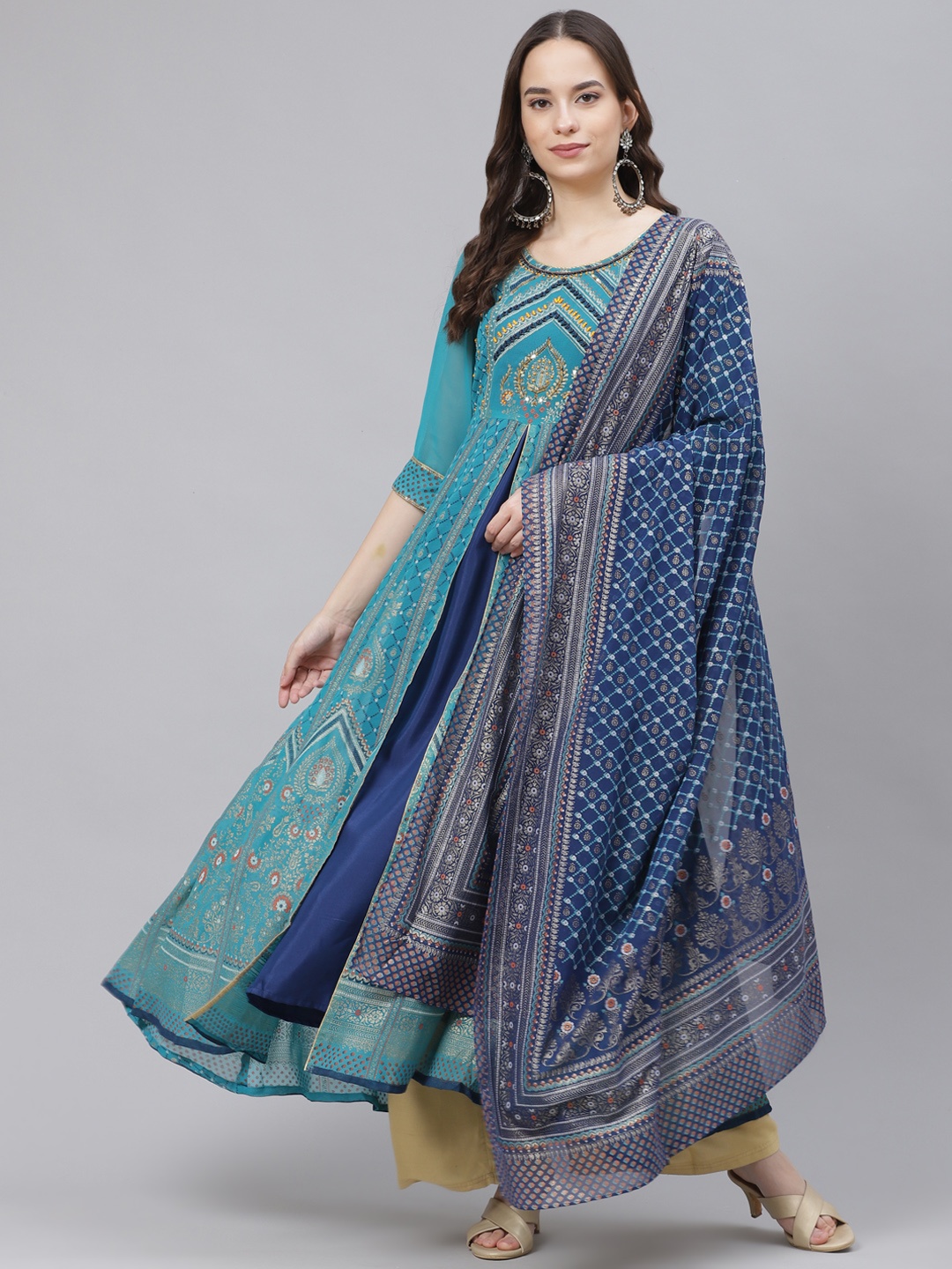 

AURELIA Women Teal Blue & Golden Ethnic Motifs Printed Anarkali Kurta with Dupatta