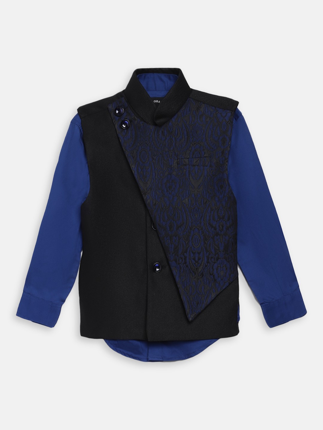 

Blue Giraffe Boys Black & Blue Solid Co-Ord Set with Waistcoat