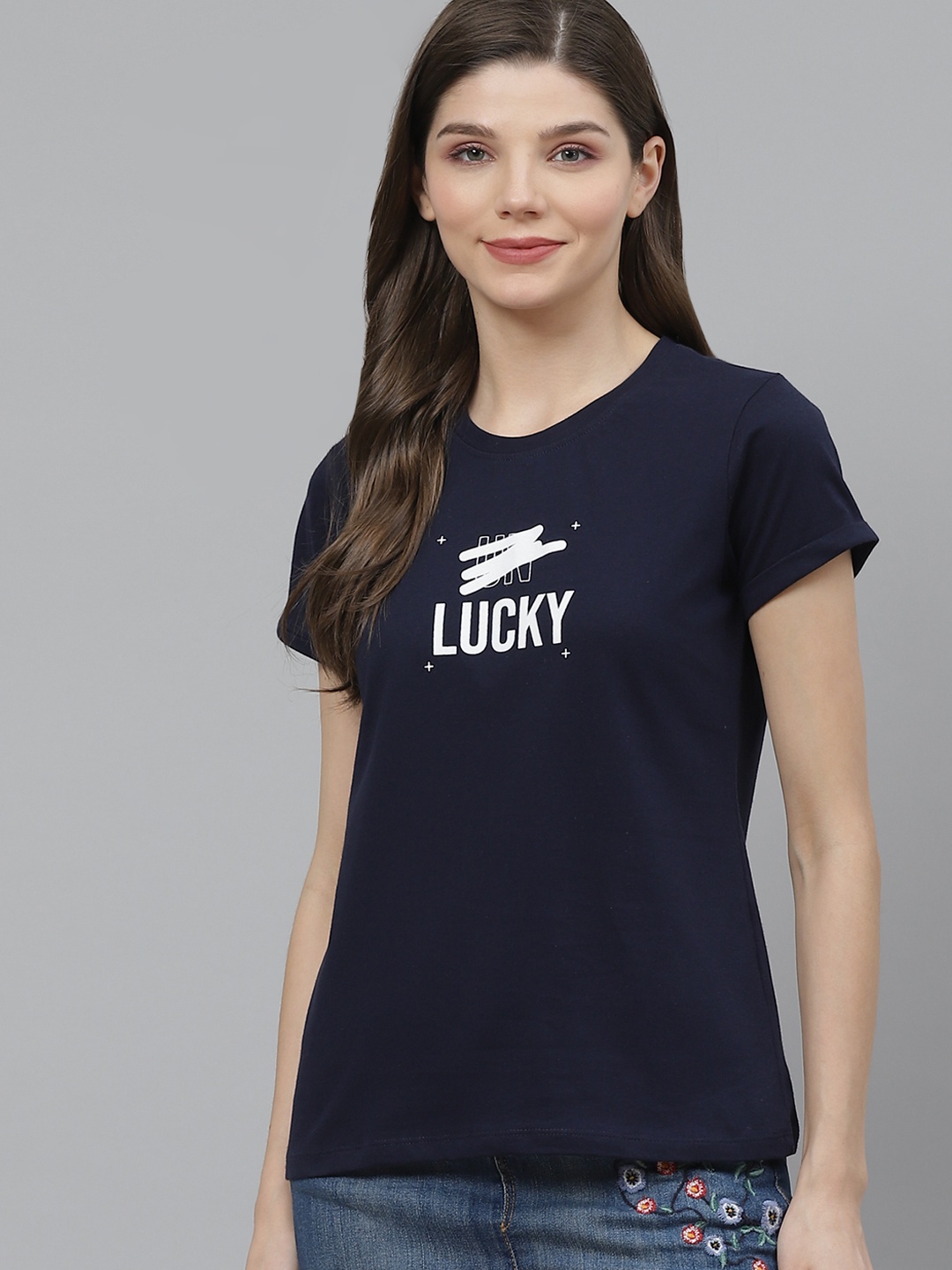 

Kook N Keech Women Navy Blue White Cotton Printed Round Neck Pure Cotton T-shirt