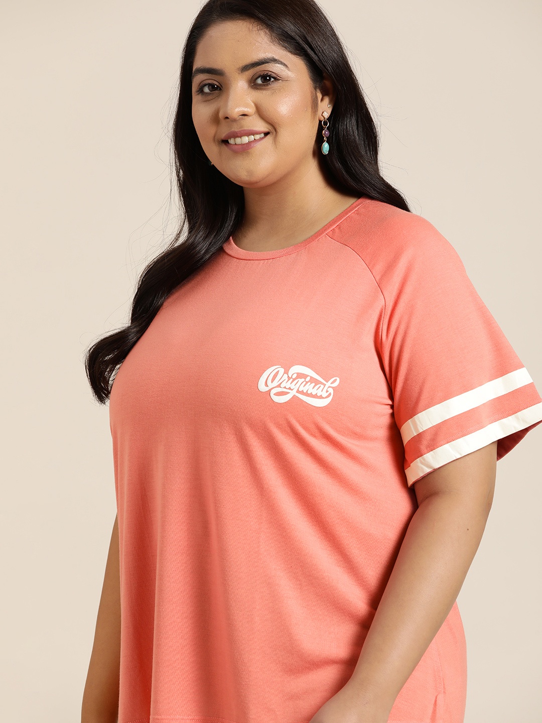 

Sztori Women Plus Size Peach-Coloured Solid Applique T-shirt