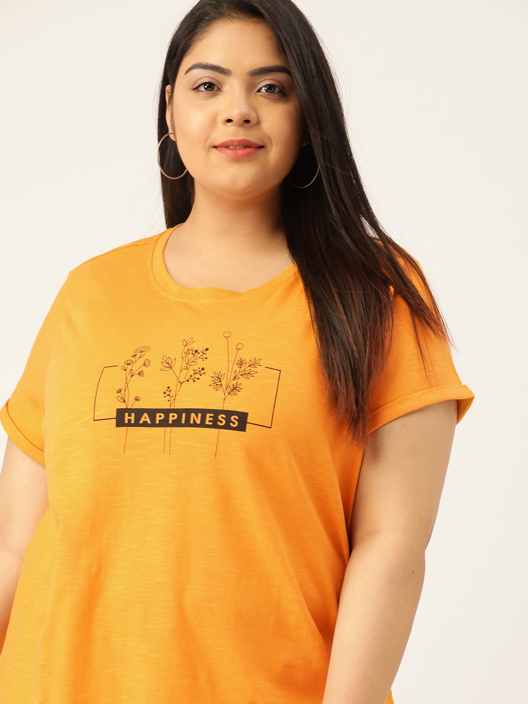 

Sztori Women Plus Size Pure Cotton Mustard Printed Round Neck Pure Cotton T-shirt