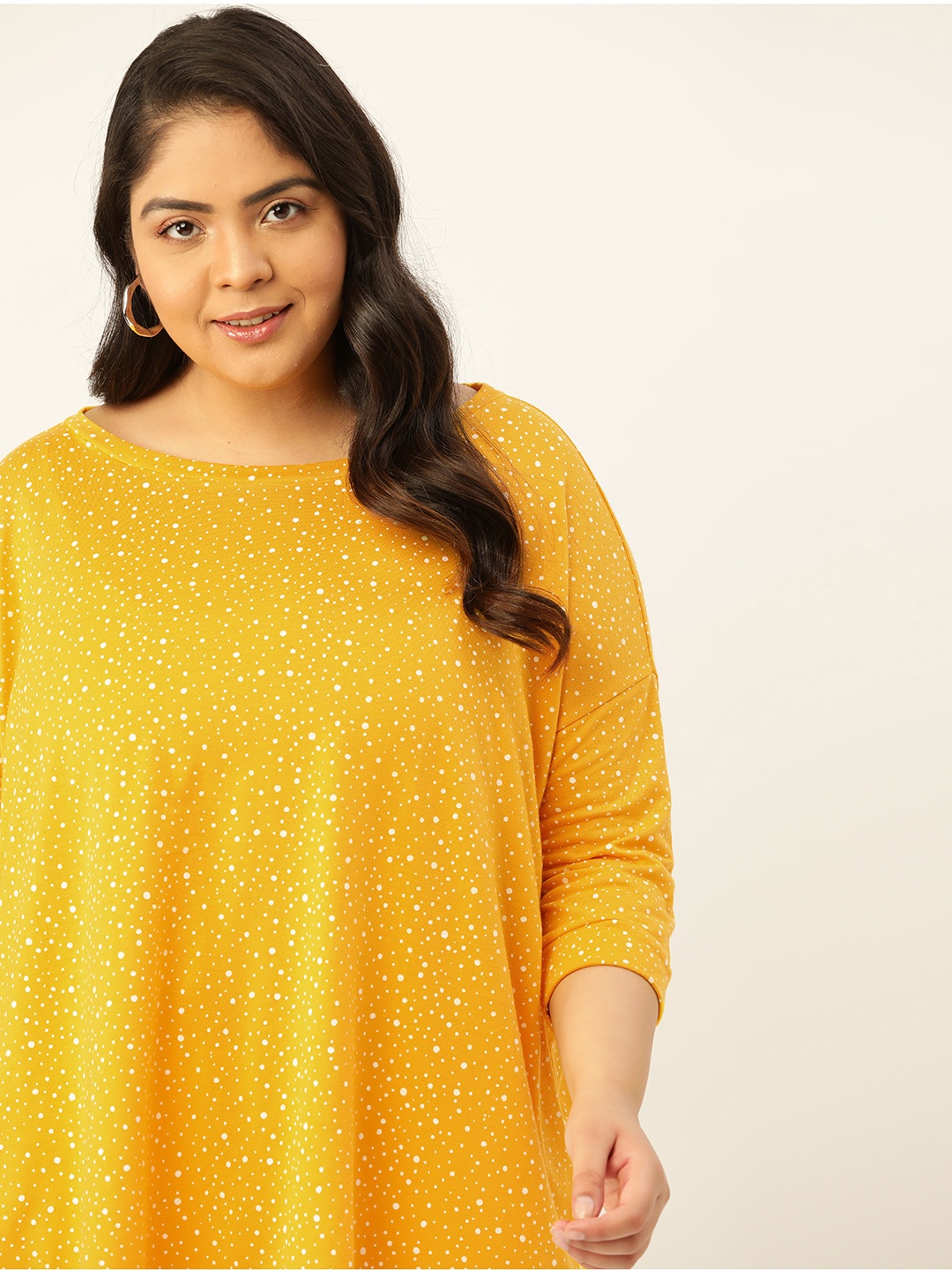 

Sztori Women Plus Size Mustard Yellow & White Polka Dot Printed T-shirt