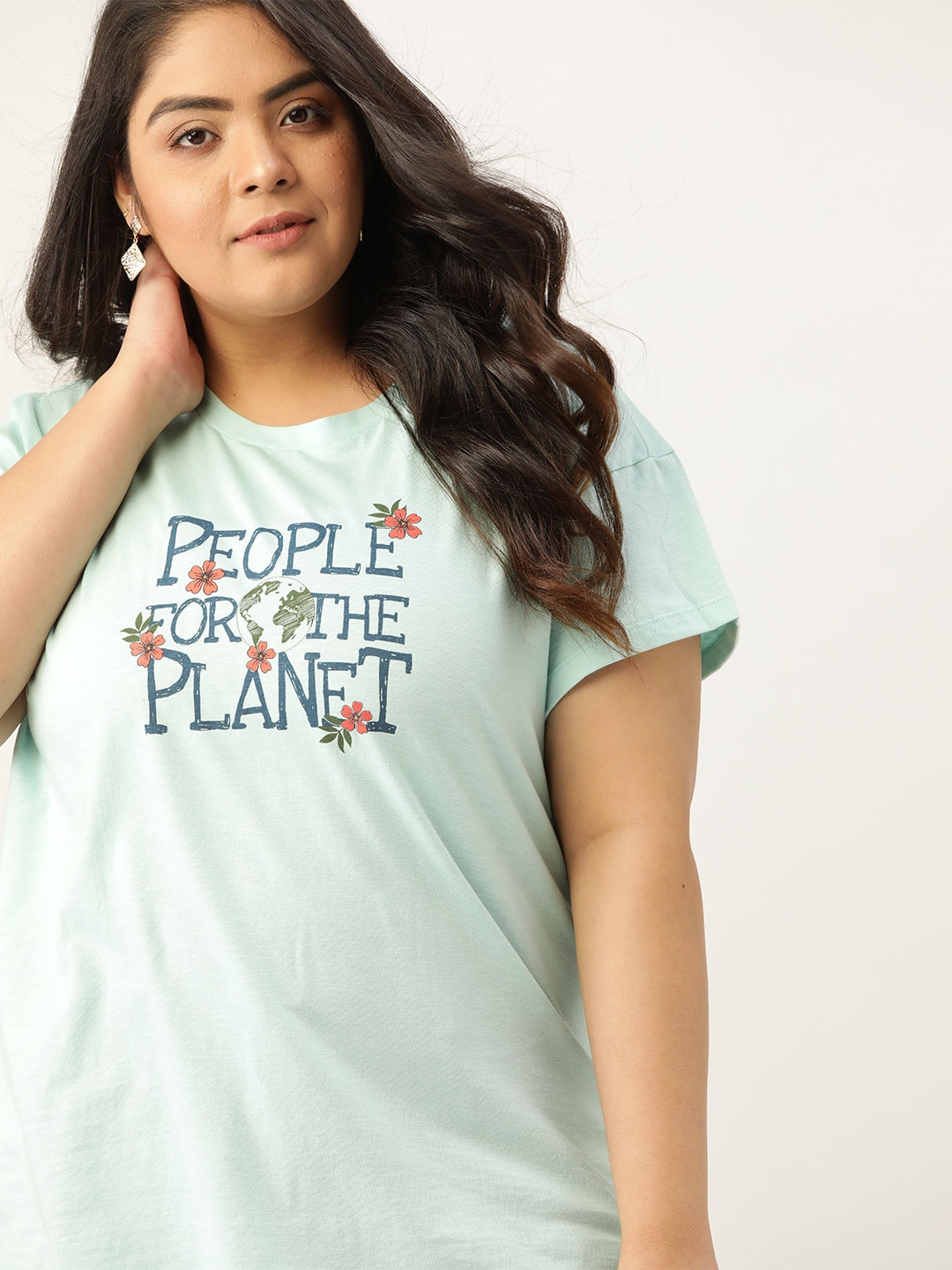 

Sztori Women Plus Size Blue Typography Printed Pure Cotton T-shirt