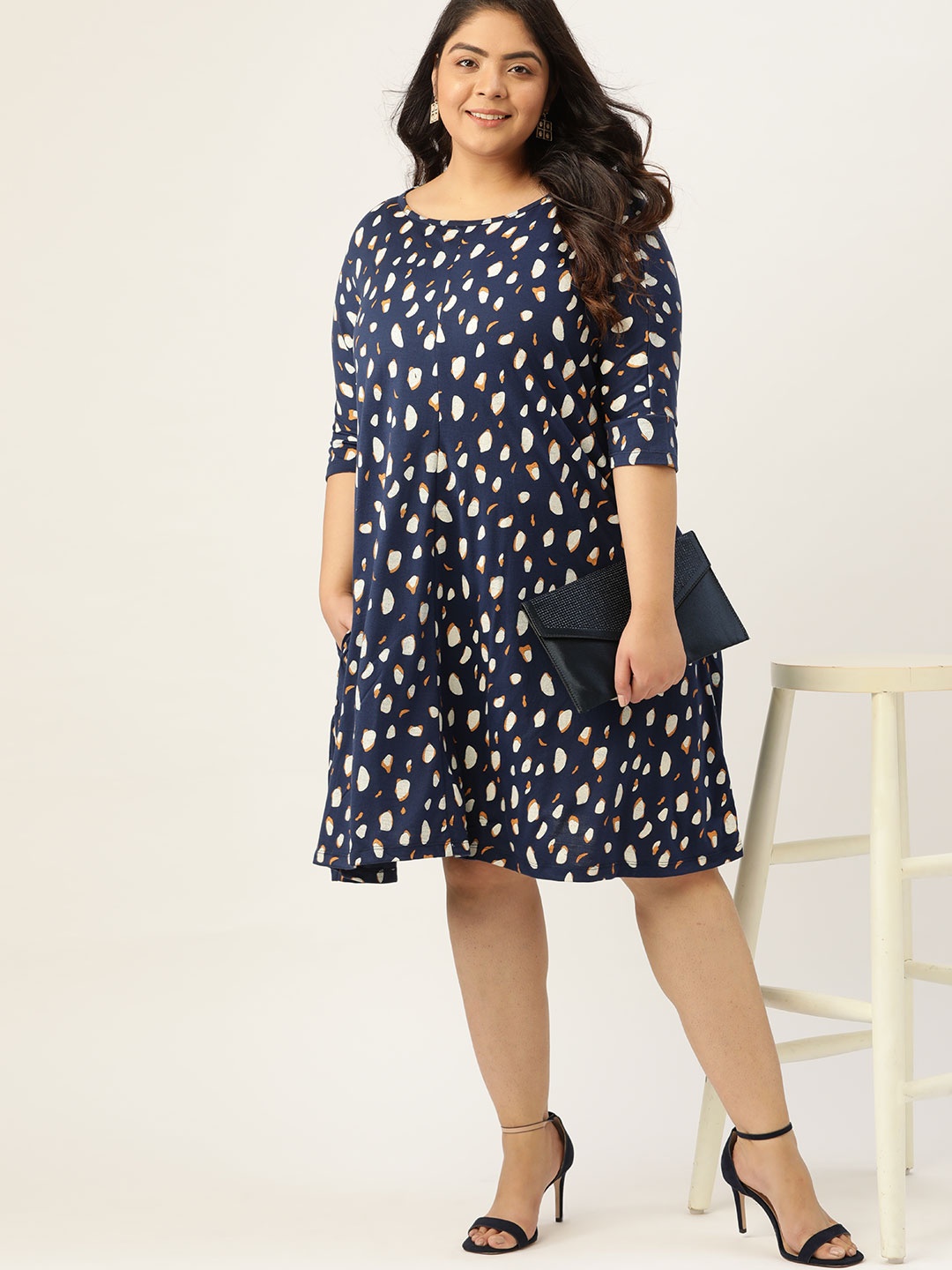 

Sztori Plus Size Navy Blue & Off White Pure Cotton Printed A-Line Dress