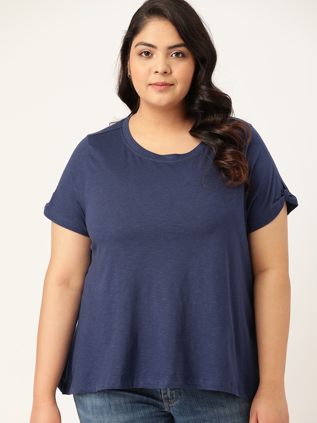 

Sztori Women Plus Size Navy Blue Pure Cotton Solid T-shirt