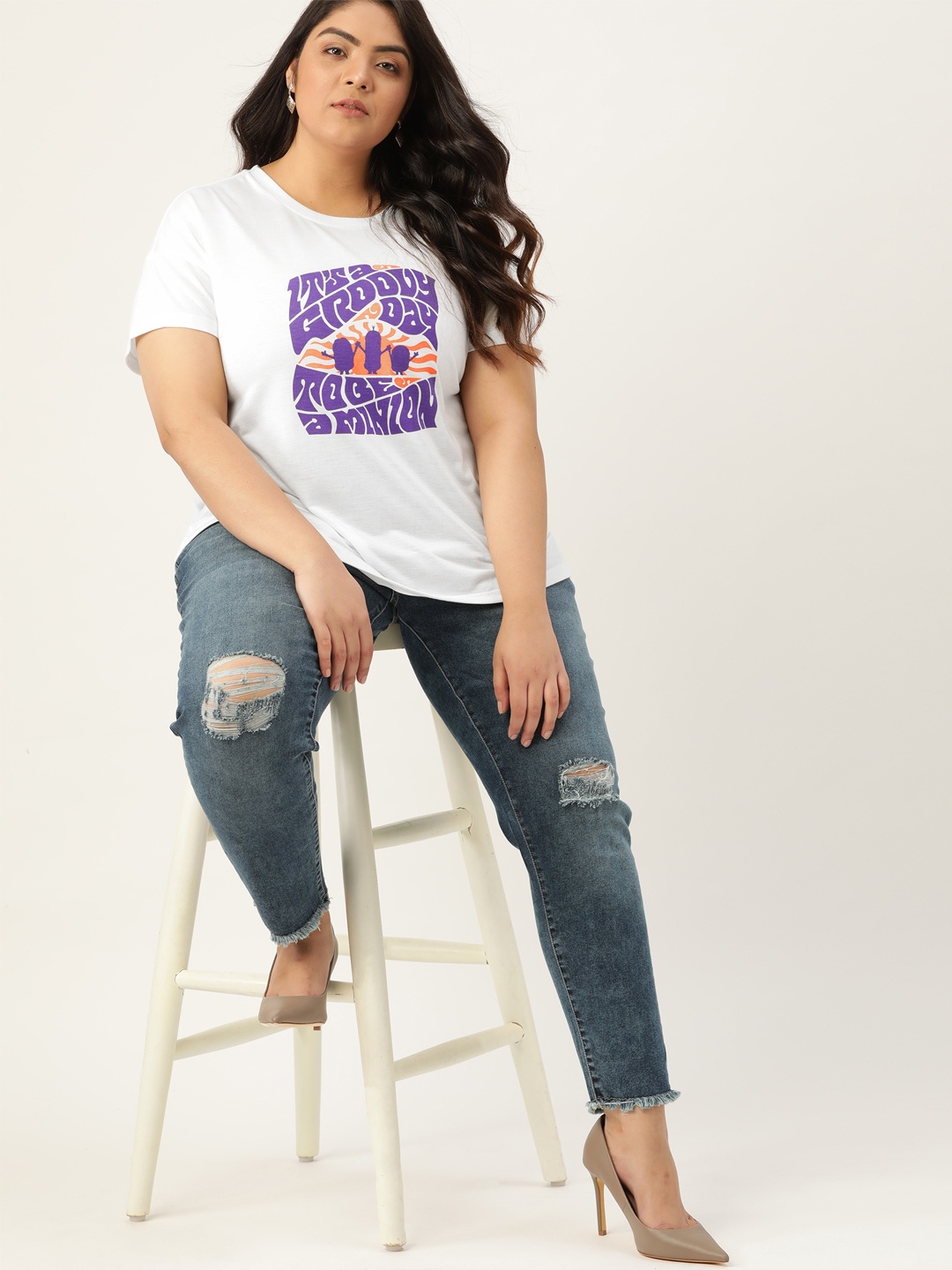 

Sztori Women Plus Size White & Purple Minions Printed Drop-Shoulder Sleeves T-shirt