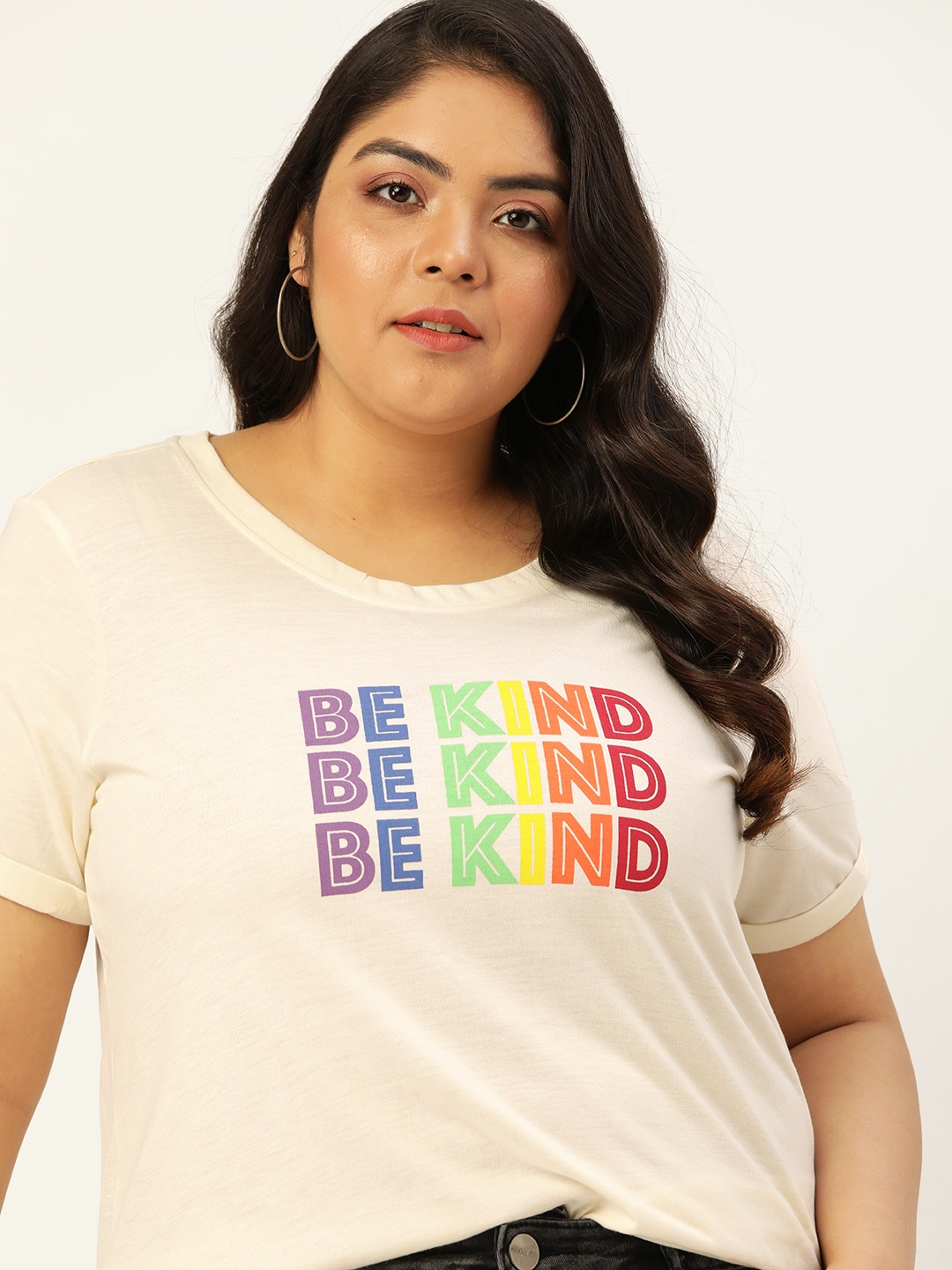 

Sztori Plus Size Women Off White Typography Printed T-shirt