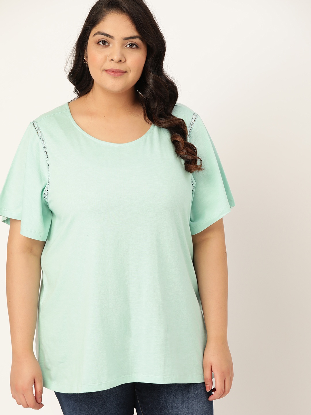 

Sztori Plus Size Sea Green Solid Flared Sleeves Regular Top
