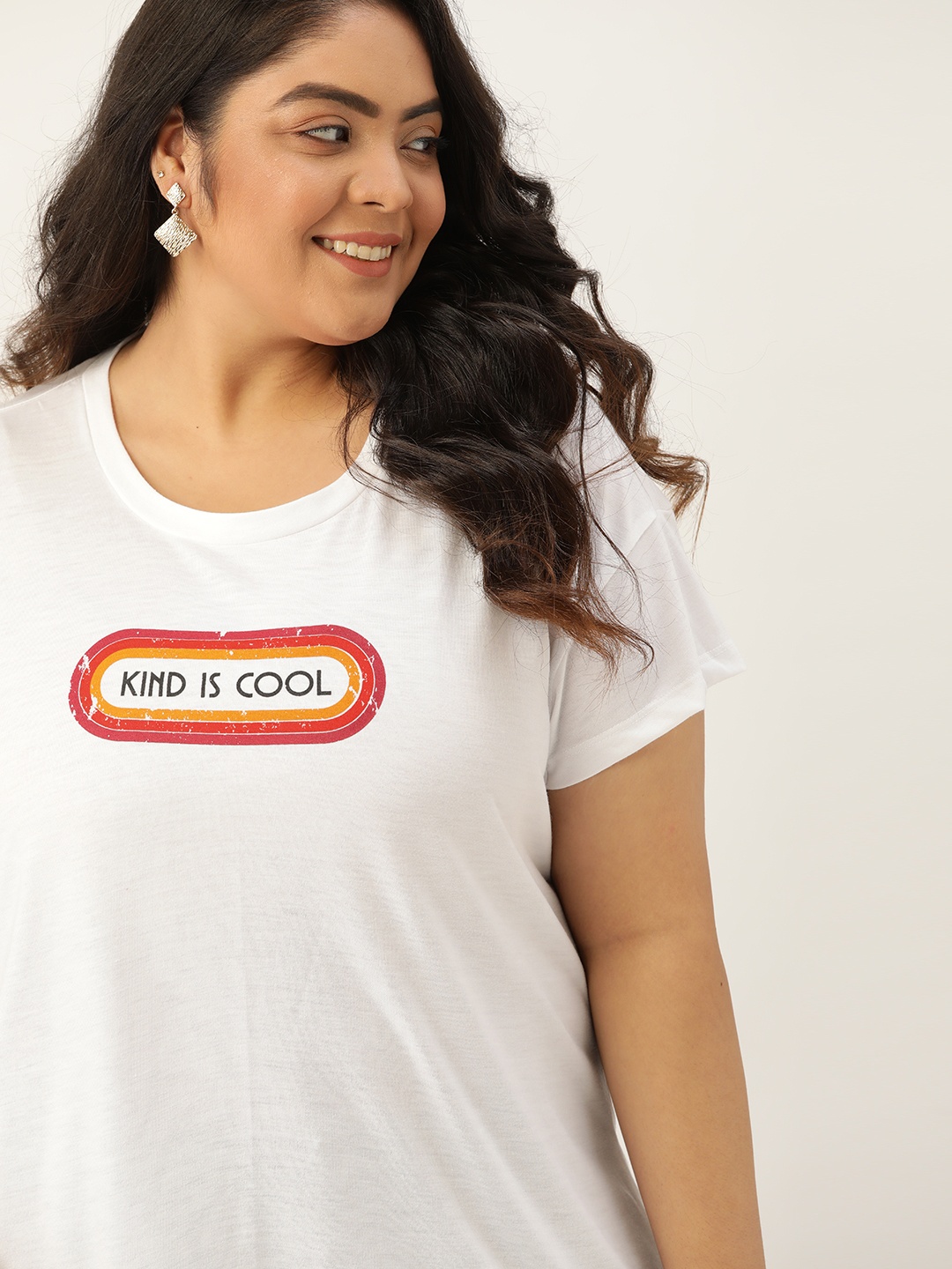 

Sztori Women Plus Size White Typography Printed Drop-Shoulder Sleeves T-shirt