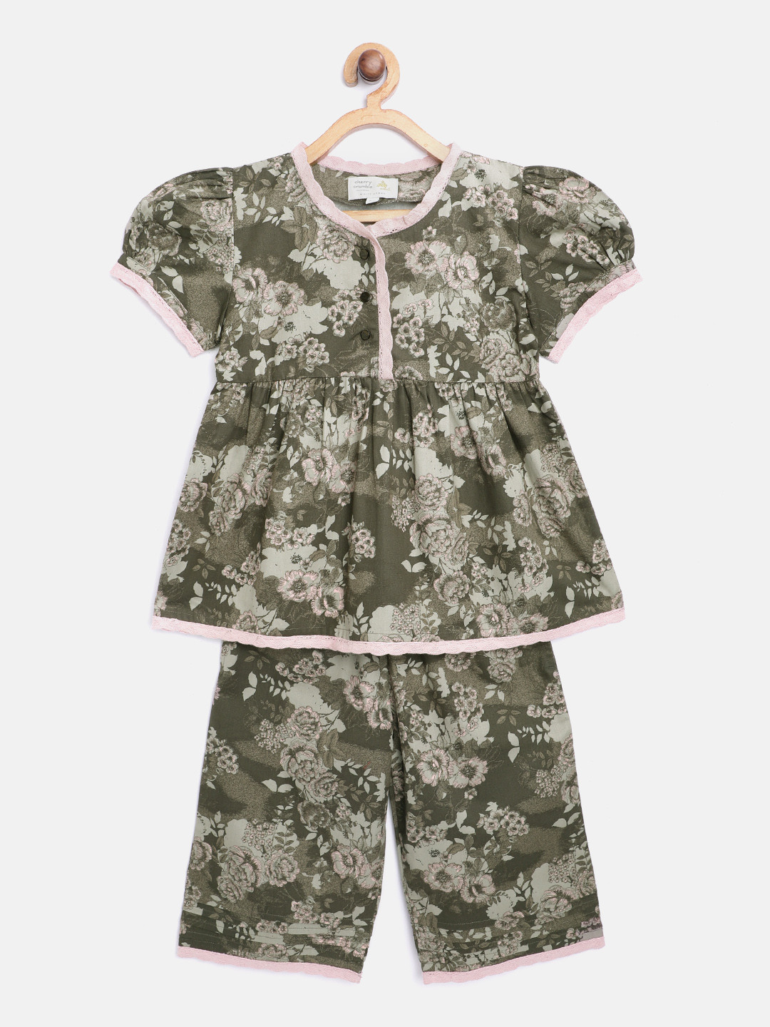 

Cherry Crumble Girls Olive Green & Pink Floral Print Night Suit