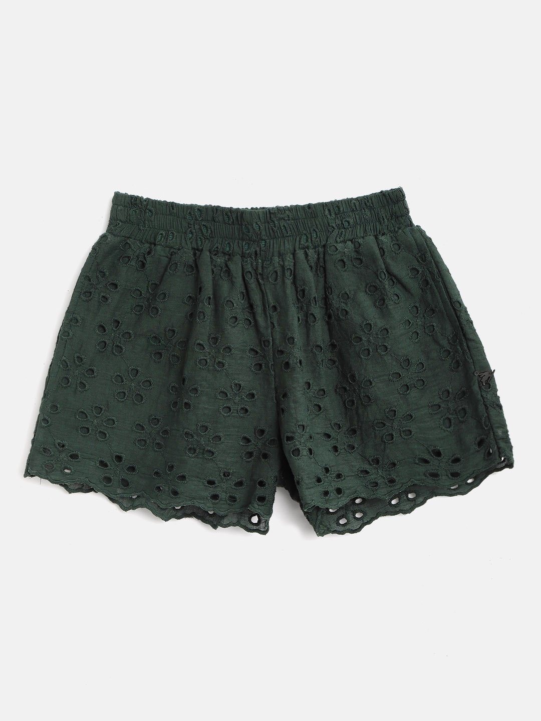 

Cherry Crumble Girls Green Schiffli Embroidered Cotton Regular Fit Shorts