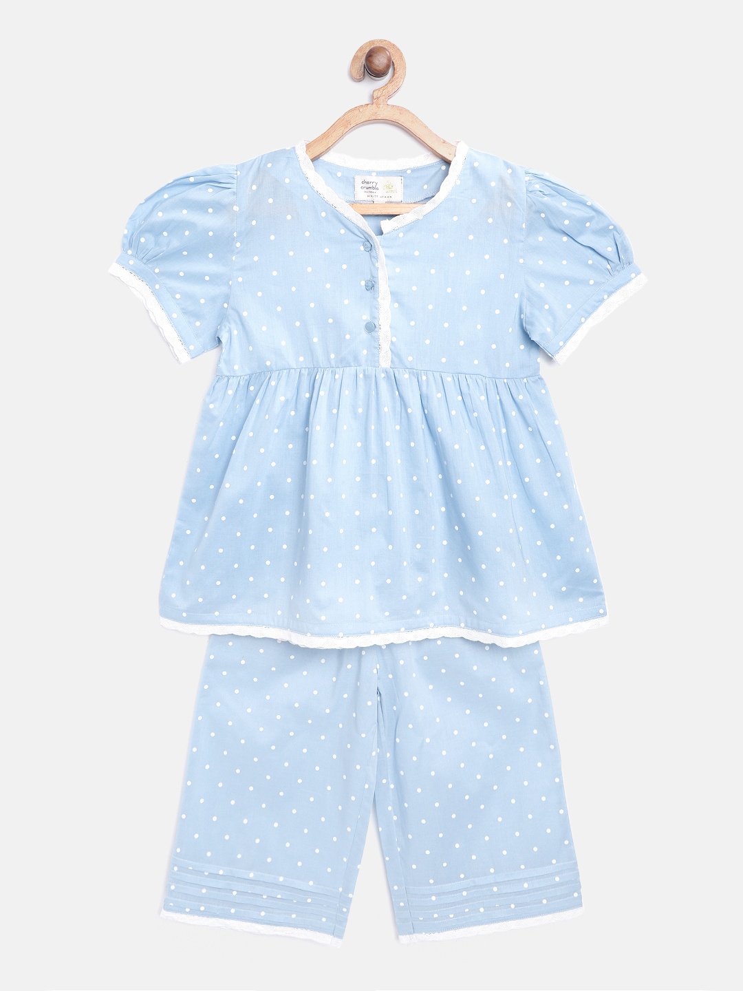 

Cherry Crumble Girls Blue & White Polka Dot Print Night Suit