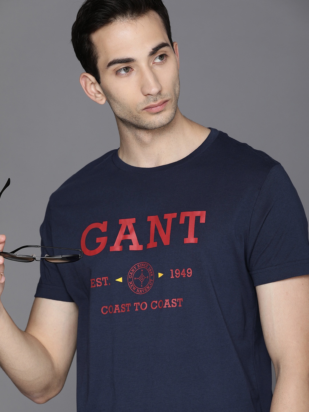 

GANT Men Navy Blue Brand Logo Printed Pure Cotton T-shirt