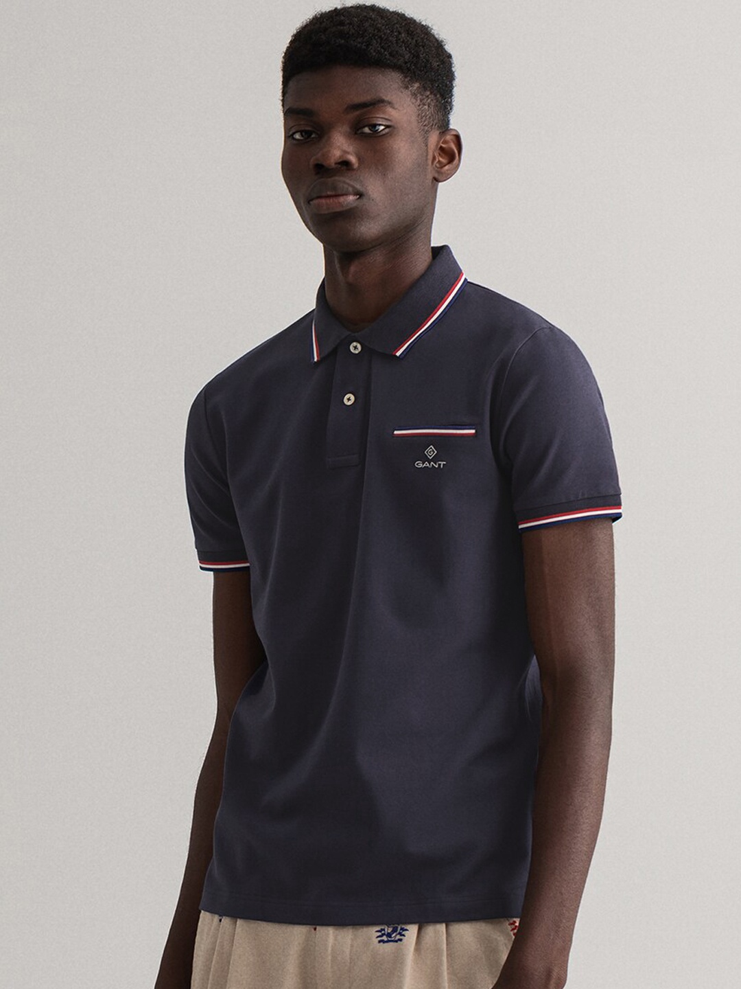 

GANT Men Navy Blue Solid Polo Collar T-shirt