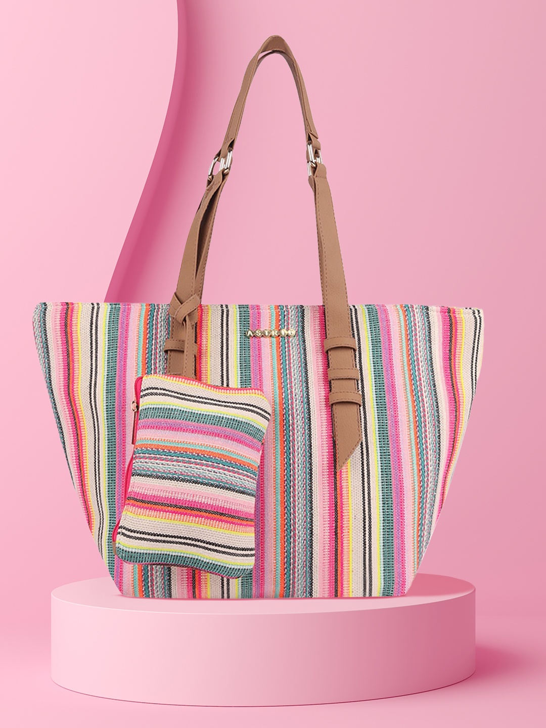 

ASTRID Multicoloured Striped Tote Bag With Coin Pouch, Multi