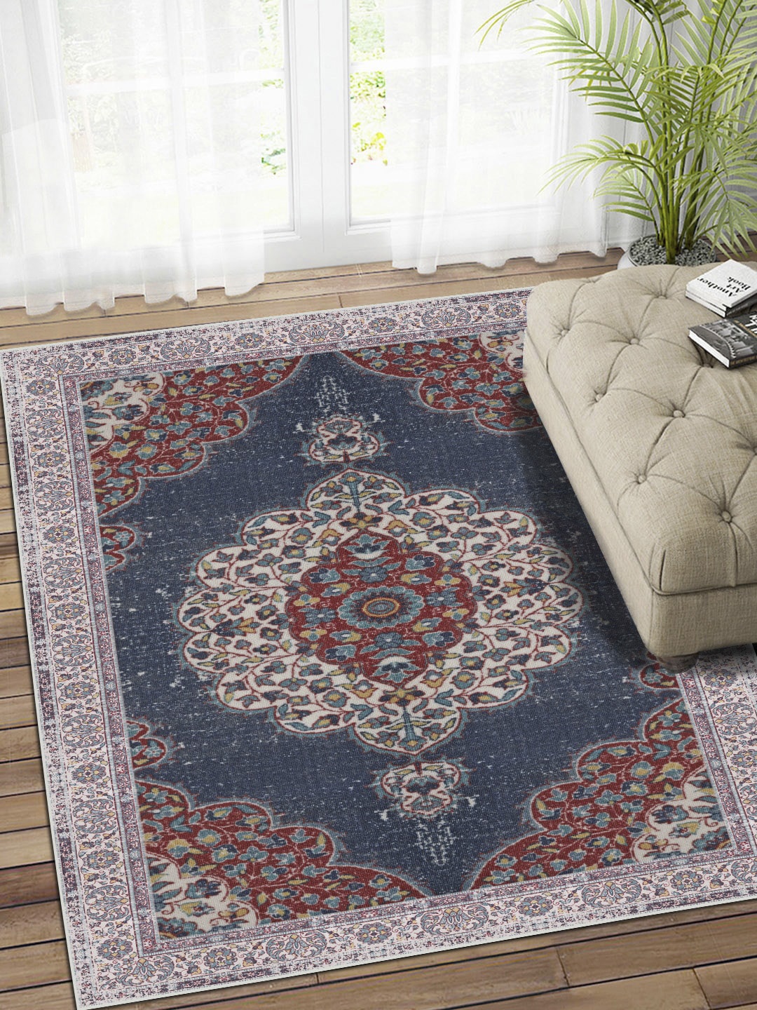 

Status Beige & Navy Blue Printed Anti-Skid Carpet