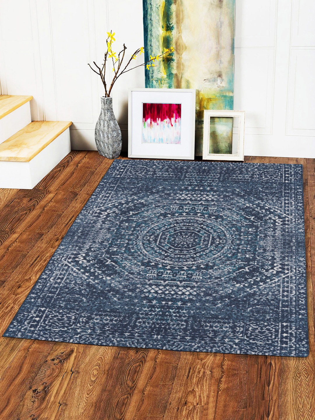 

Status Navy Blue & White Printed Anti-Skid Carpet
