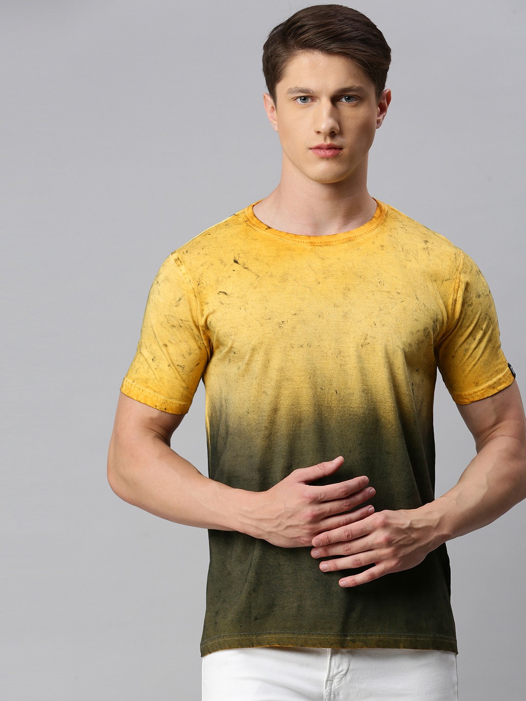 

Urbano Fashion Men Mustard Yellow Olive Green Slim Fit Dyed Round Neck Pure Cotton T-shirt