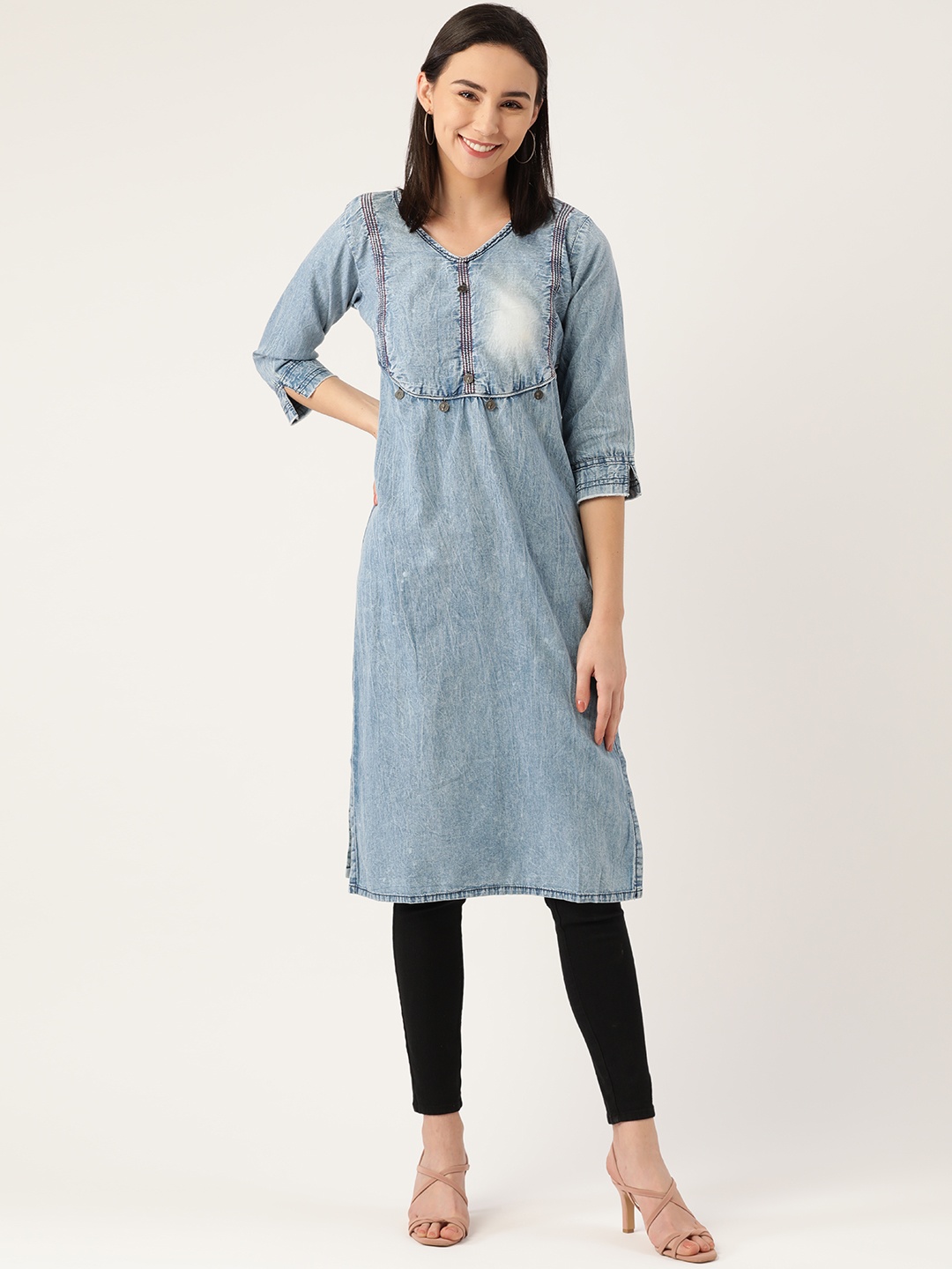 

Kvsfab Women Blue Embellished Yoke Design Indigo Denim Straight Kurta