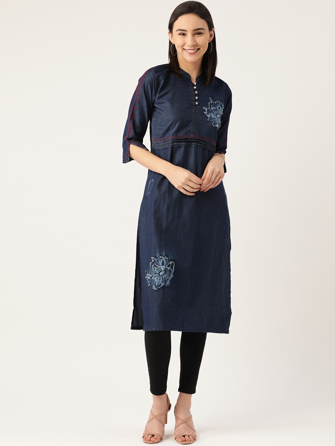 

Kvsfab Women Navy Blue Frayed Floral Applique Detail Indigo Straight Denim Kurta