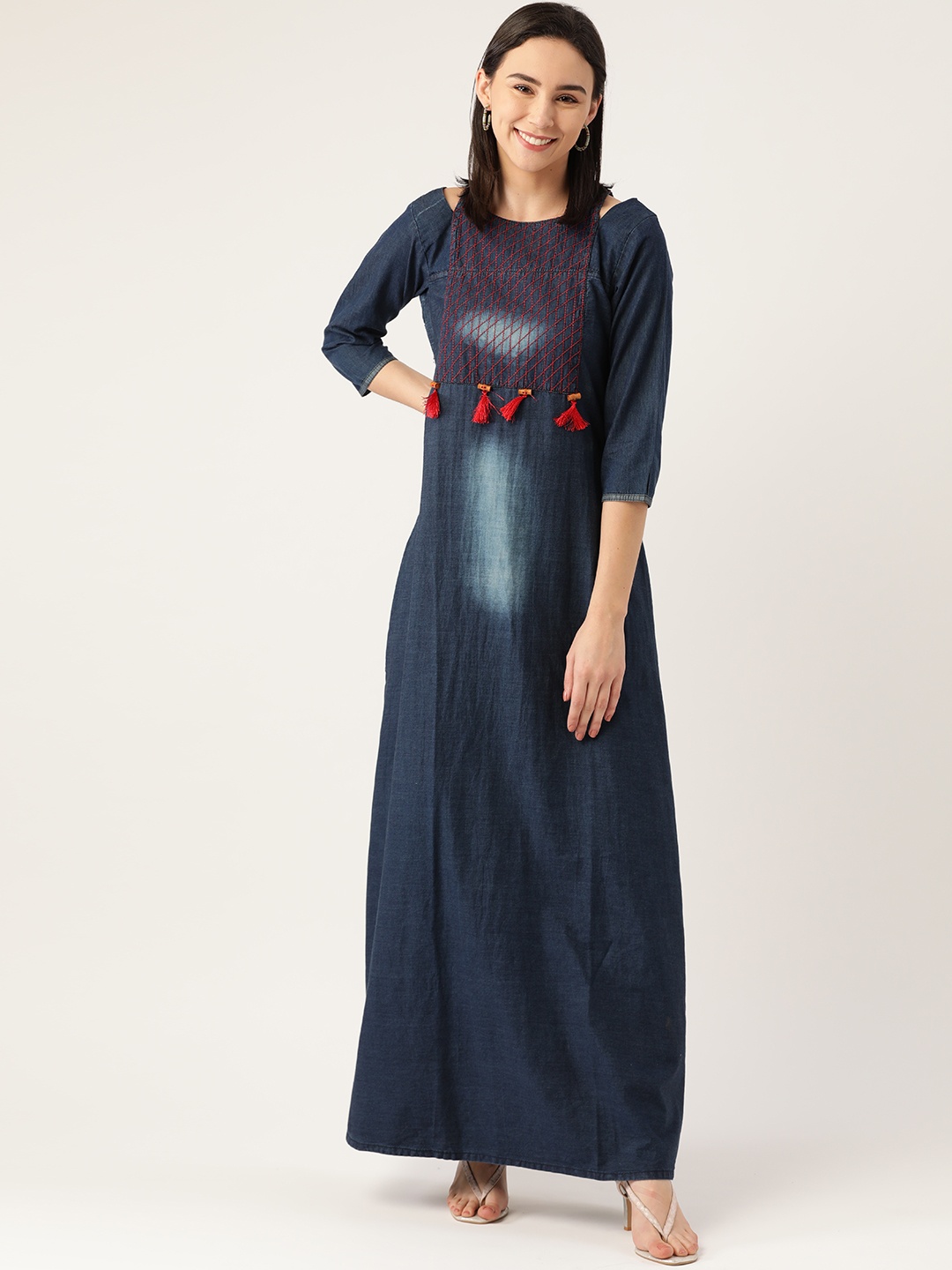 

Kvsfab Women Navy Blue A-line Indigo Denim Ankle-Length Kurta with Tasselled Detail