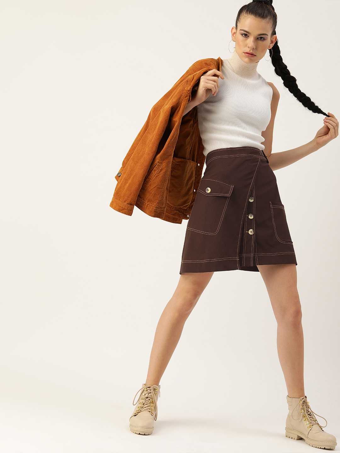 

QUIERO Women Brown Solid Mini Layered A-Line Skirt