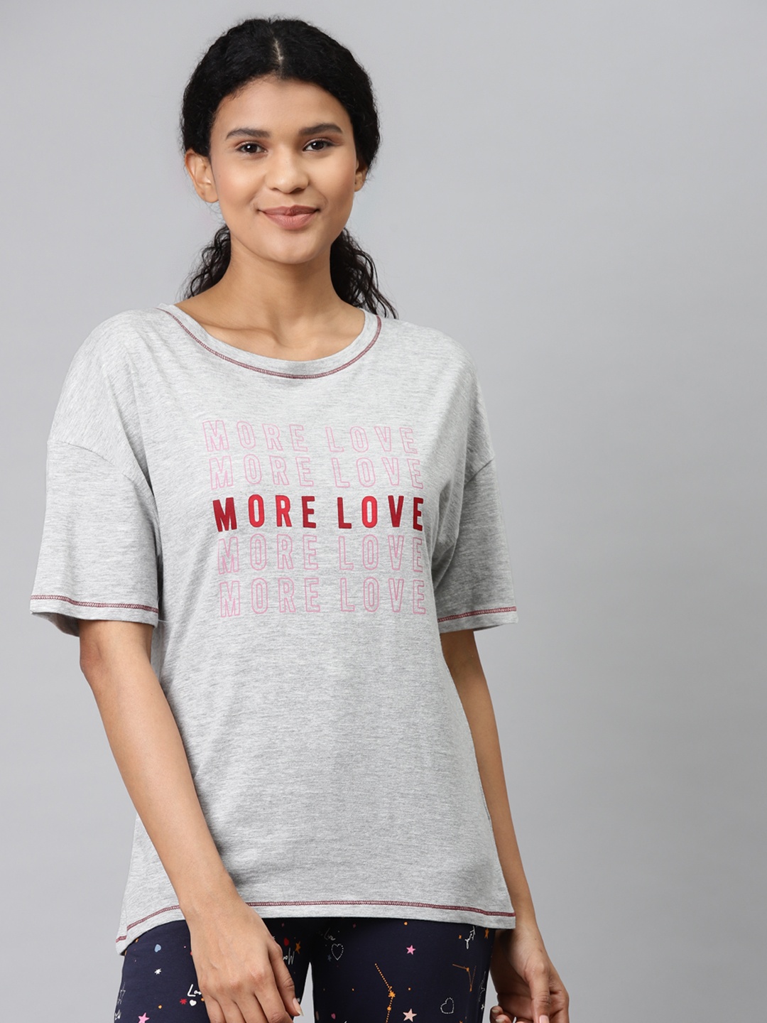 

Marks & Spencer Women Grey Melange & Pink Printed Round Neck T-shirt