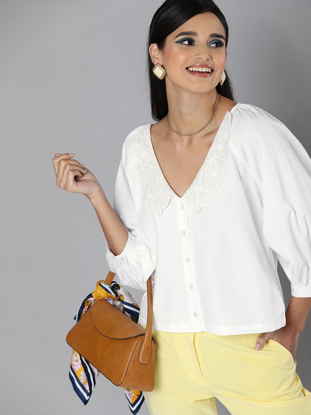 

SASSAFRAS Women White Regular Fit Solid Casual Shirt With Embroidered Detailing