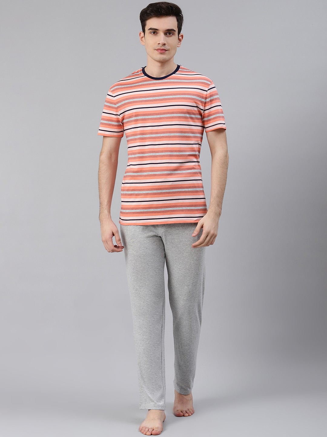 

Marks & Spencer Men Peach-Coloured & Grey Melange Pure Cotton Striped Nightsuit