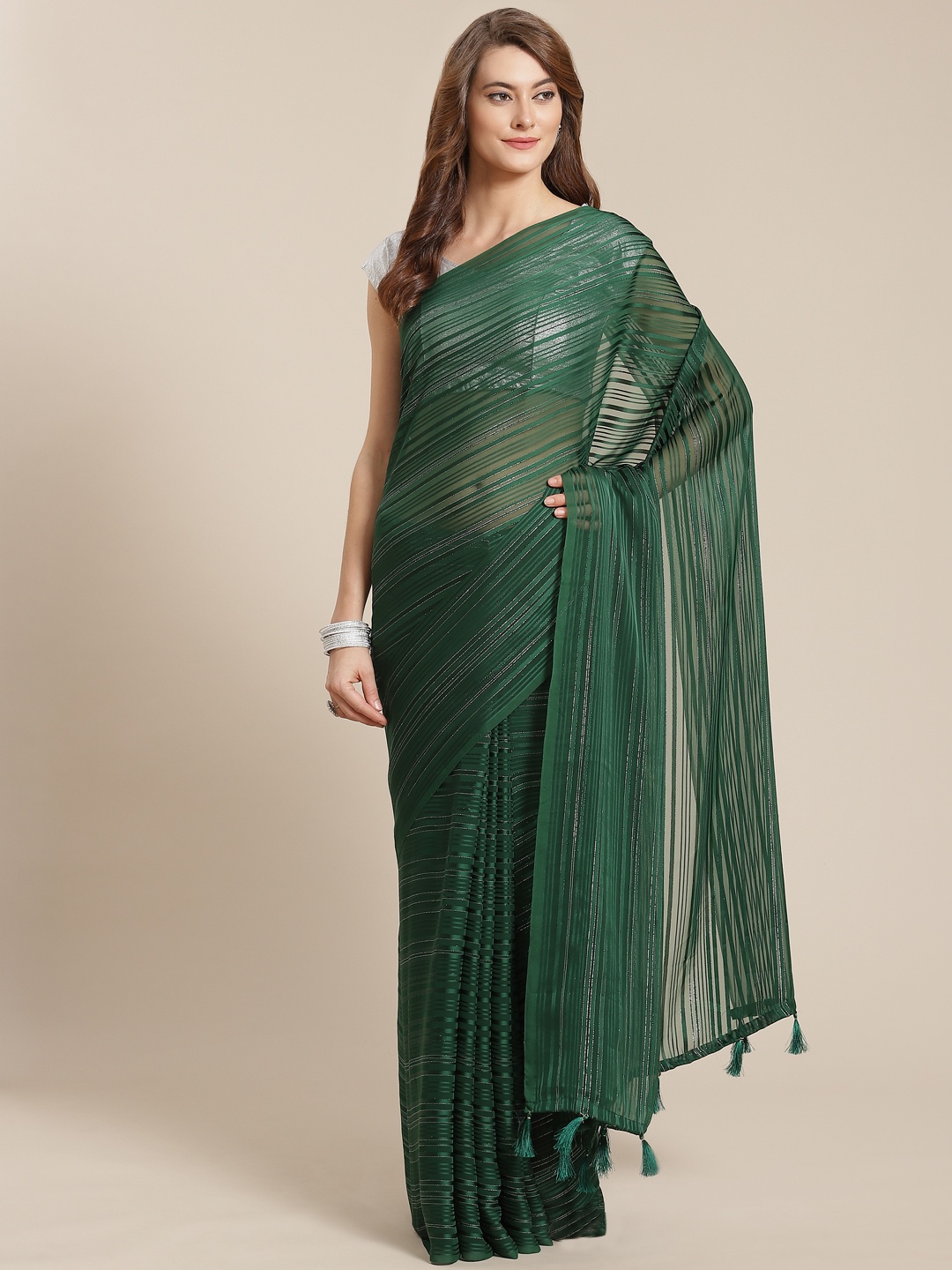 

Nanda Silk Mills Green & Silver Woven Design Satin Saree