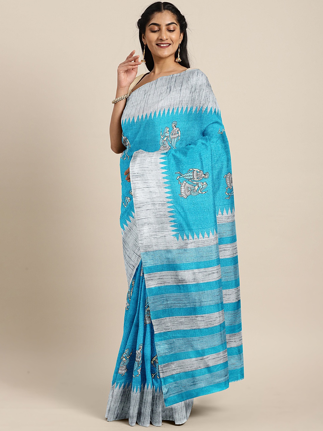 

KALINI Blue Silk Blend Printed Khadi Saree