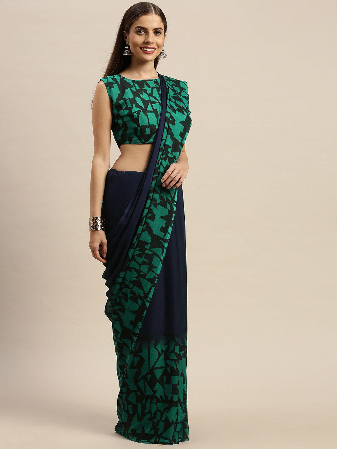 

KALINI Navy Blue & Green Poly Georgette Printed Saree