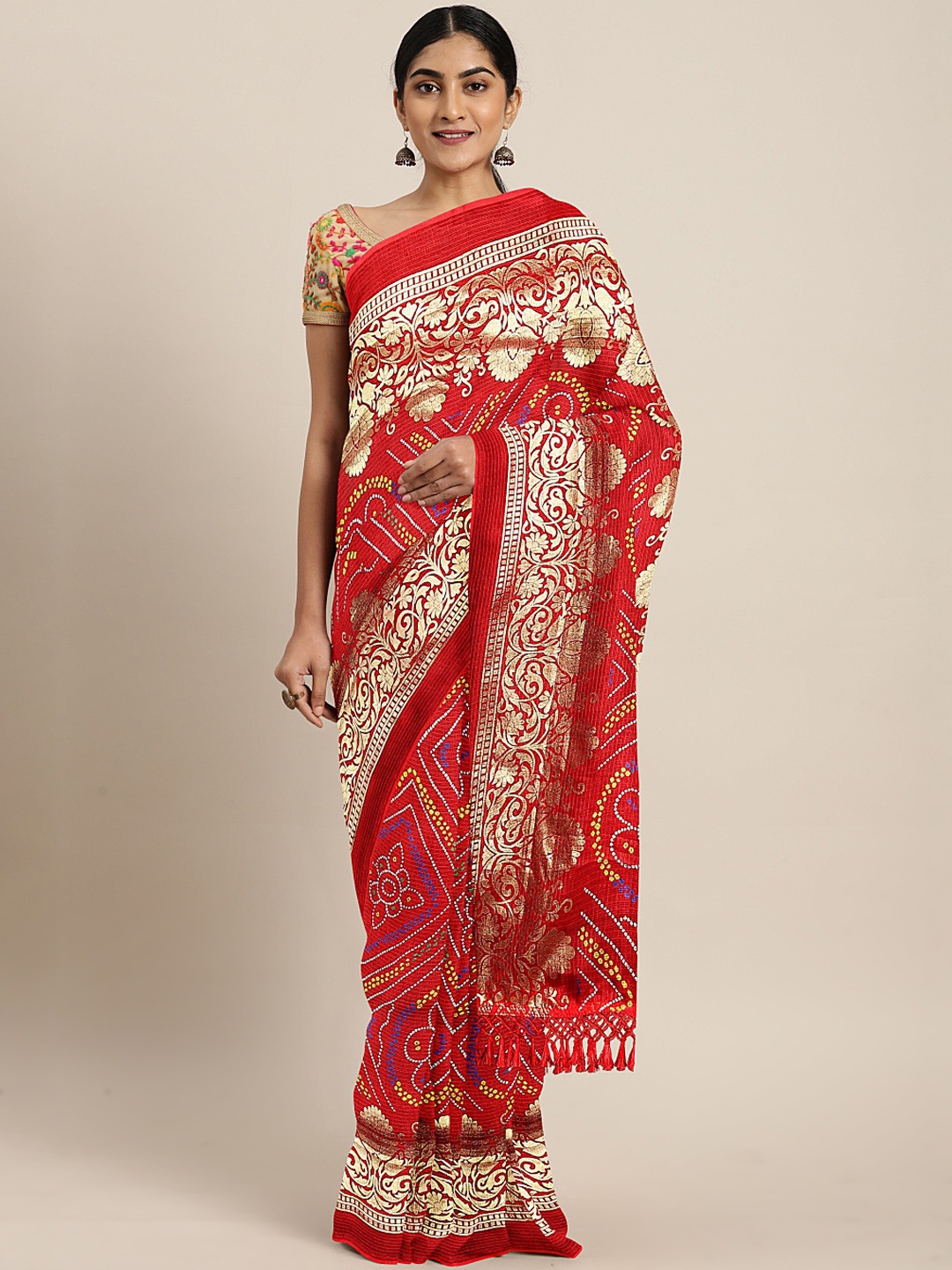 

KALINI Red Cotton Blend Printed Kota Foiled Bandhani Saree