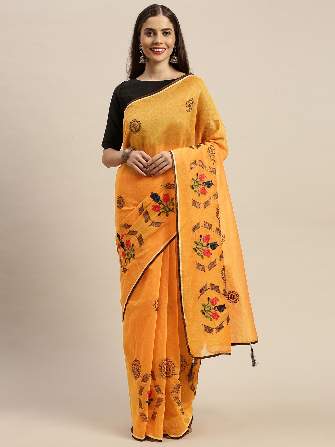 

KALINI Mustard Yellow Polycotton Embroidered Kanjeevaram Saree