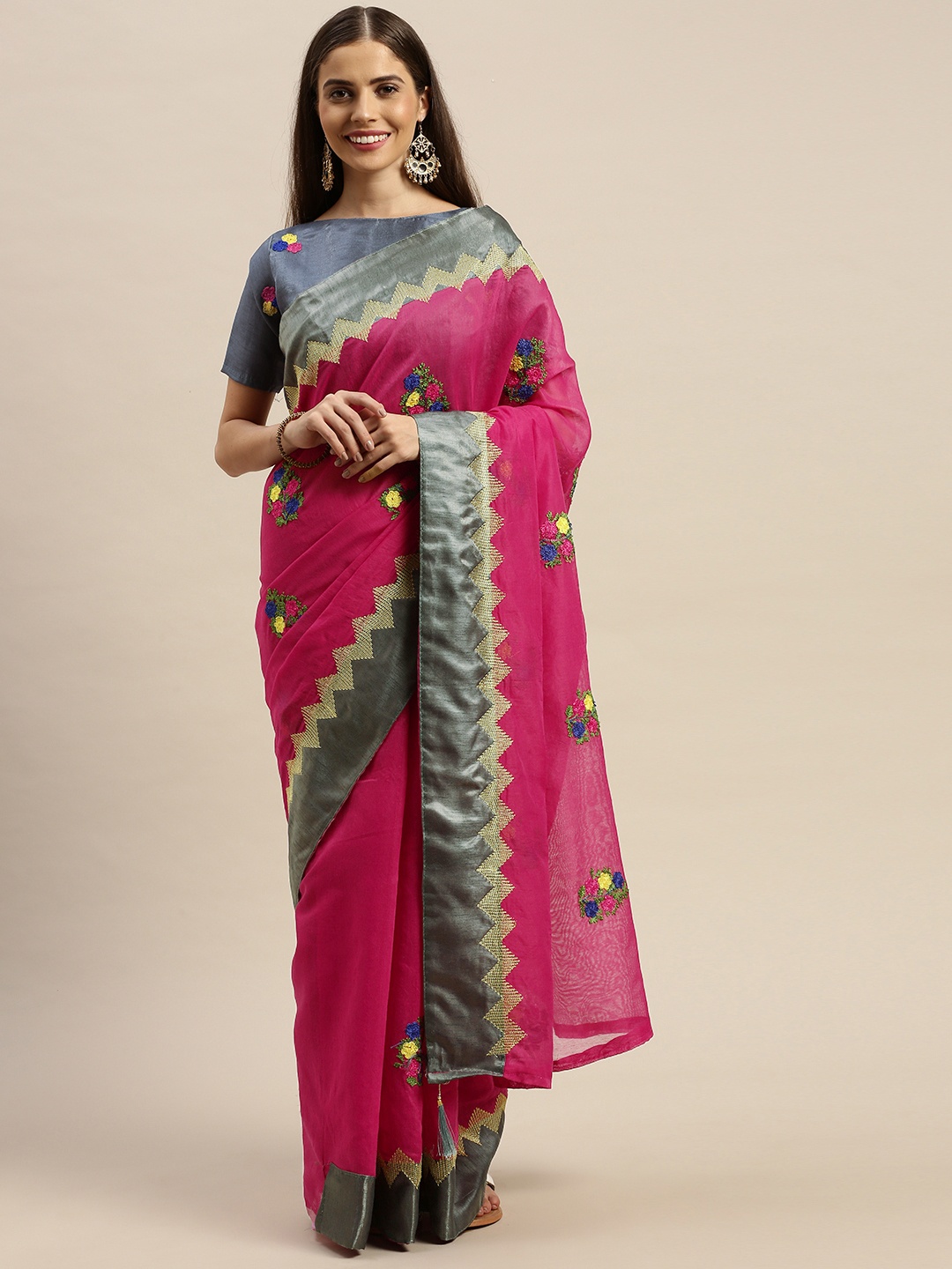 

KALINI Pink & Grey Embroidered Kanjeevaram Saree